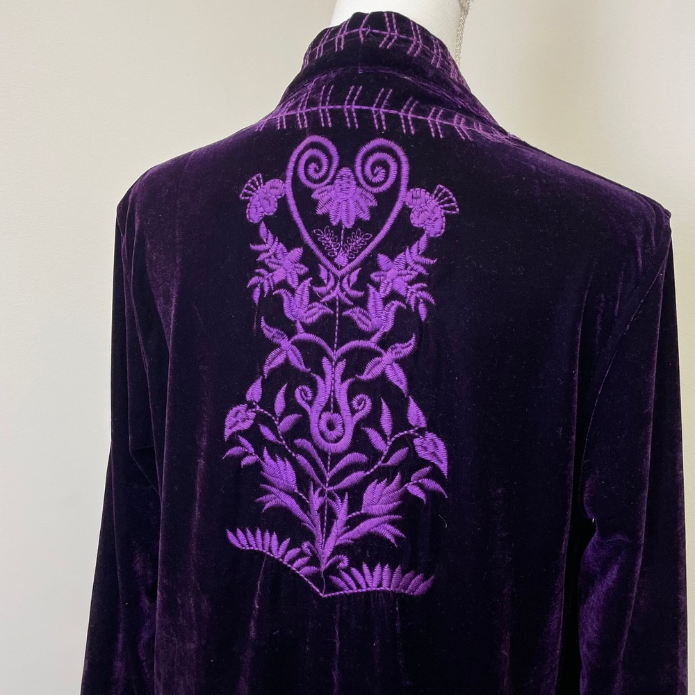 Paparazzi Purple Velvet Embroidered Open Front Cardigan Jacket M Boho - Picture 5 of 16